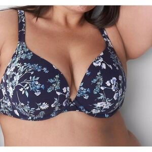 CACIQUE Blue Floral Bra Underwire Full Sexy Boost Plunge Smooth Support 44D